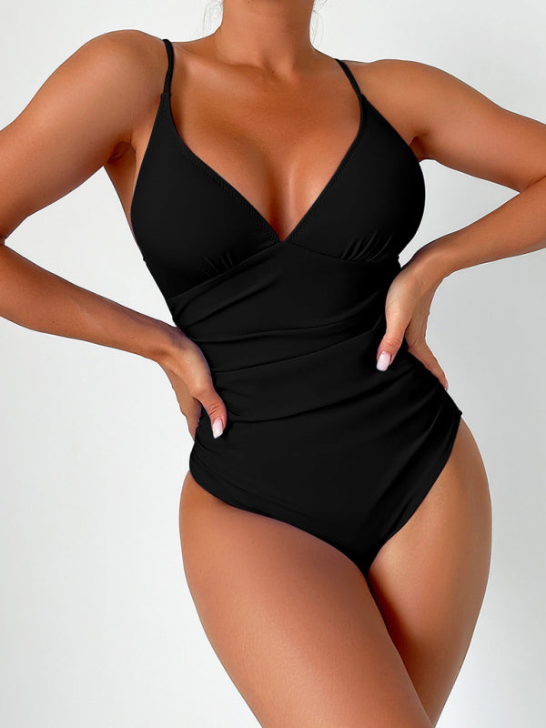 Solid Color One Piece V-Neck Swimsuit in 8 Colors S-XXL