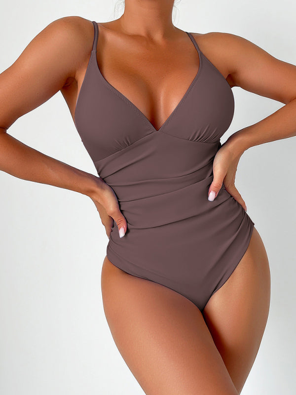 Solid Color One Piece V-Neck Swimsuit in 8 Colors S-XXL