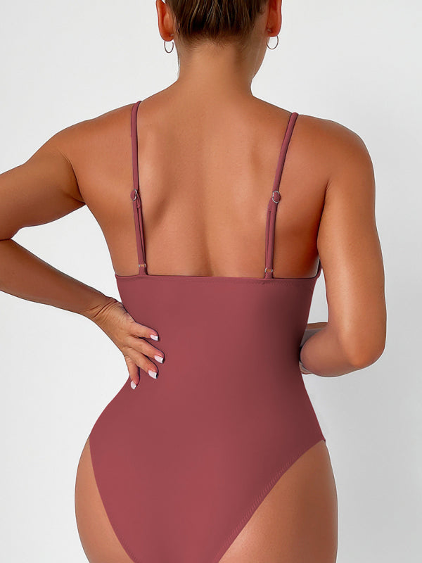 Solid Color One Piece V-Neck Swimsuit in 8 Colors S-XXL