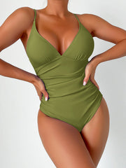 Solid Color One Piece V-Neck Swimsuit in 8 Colors S-XXL