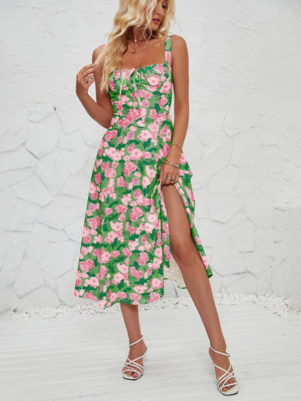 Sleeveless Floral Summer Midi Dress with Leg Slit