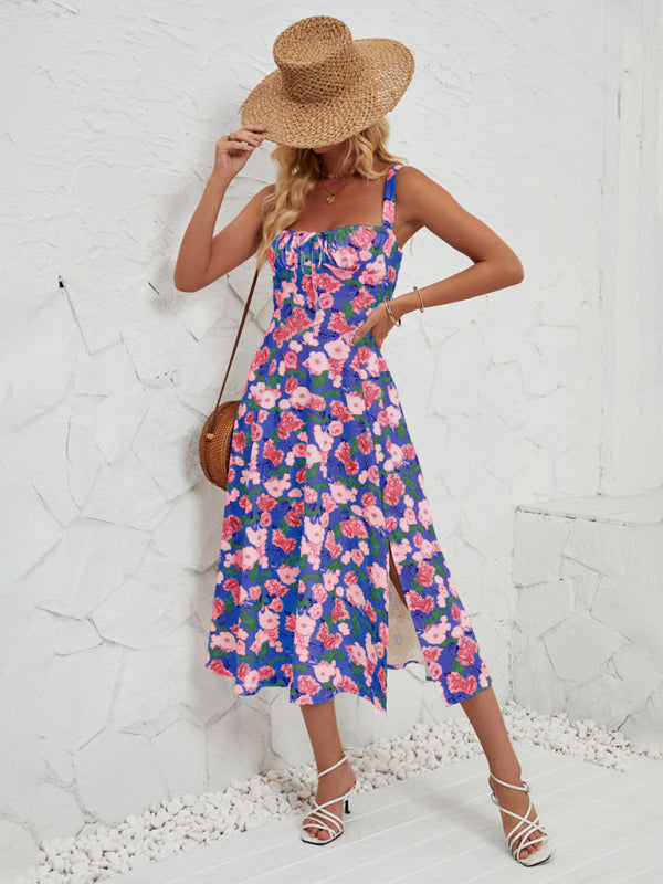 Sleeveless Floral Summer Midi Dress with Leg Slit