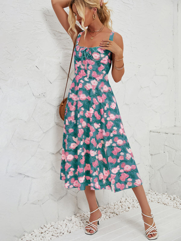 Sleeveless Floral Summer Midi Dress with Leg Slit