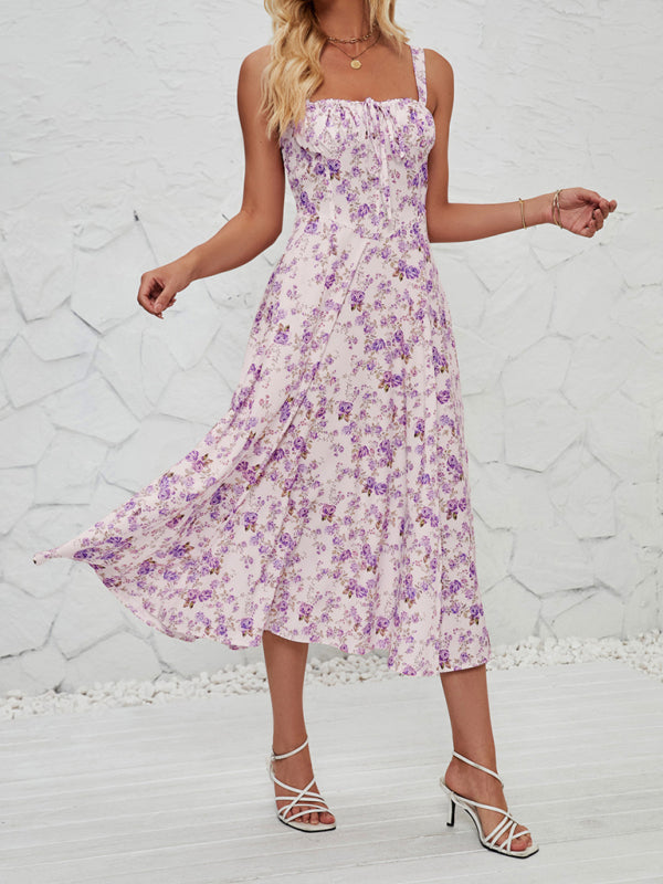 Sleeveless Floral Summer Midi Dress with Leg Slit
