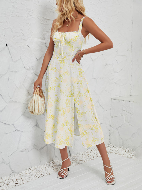 Sleeveless Floral Summer Midi Dress with Leg Slit