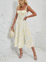 Sleeveless Floral Summer Midi Dress with Leg Slit