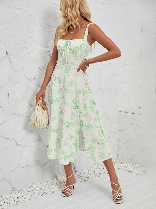 Sleeveless Floral Summer Midi Dress with Leg Slit