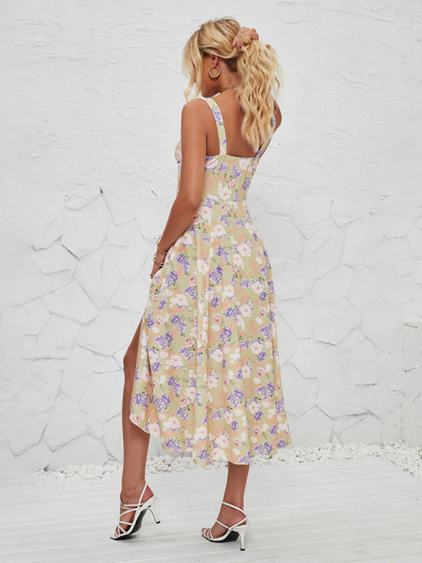 Sleeveless Floral Summer Midi Dress with Leg Slit