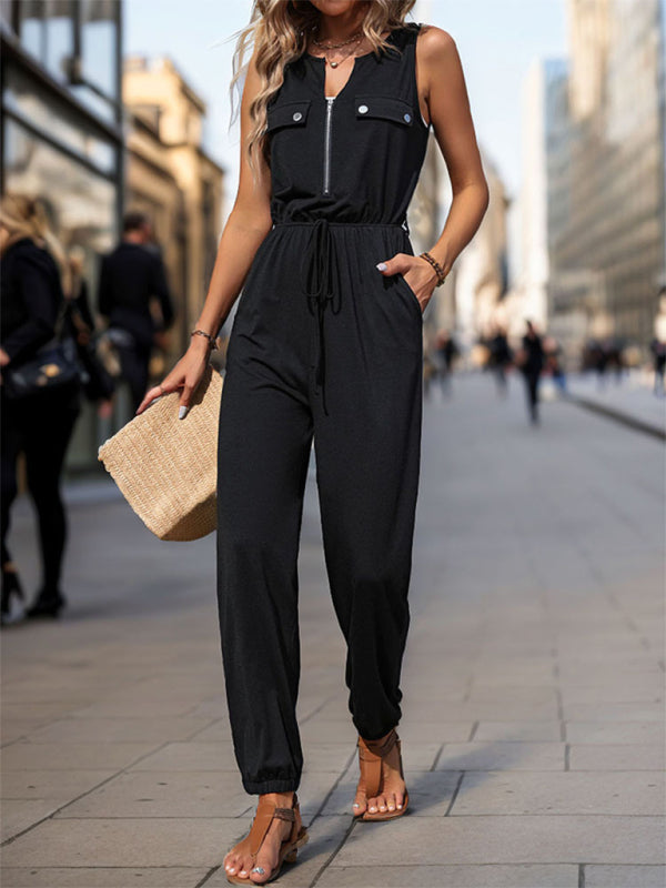 Black Sleeveless Cuffed Leg Jumpsuit with Pockets and Drawstring