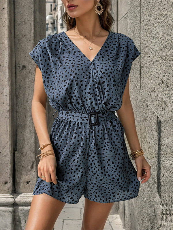 Leopard Print V-Neck Sleeveless Romper Jumpsuit with Belt