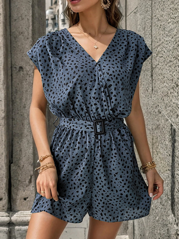 Leopard Print V-Neck Sleeveless Romper Jumpsuit with Belt