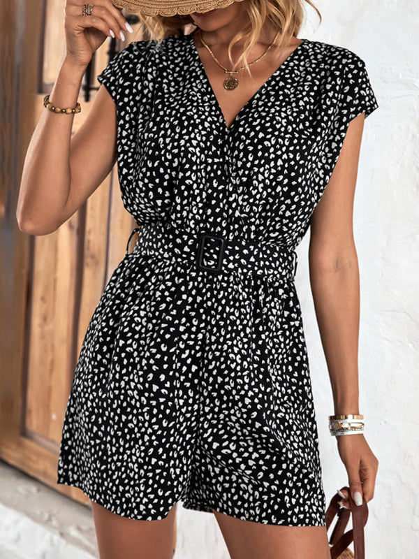 Leopard Print V-Neck Sleeveless Romper Jumpsuit with Belt
