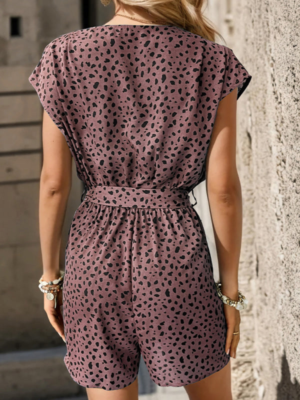 Leopard Print V-Neck Sleeveless Romper Jumpsuit with Belt