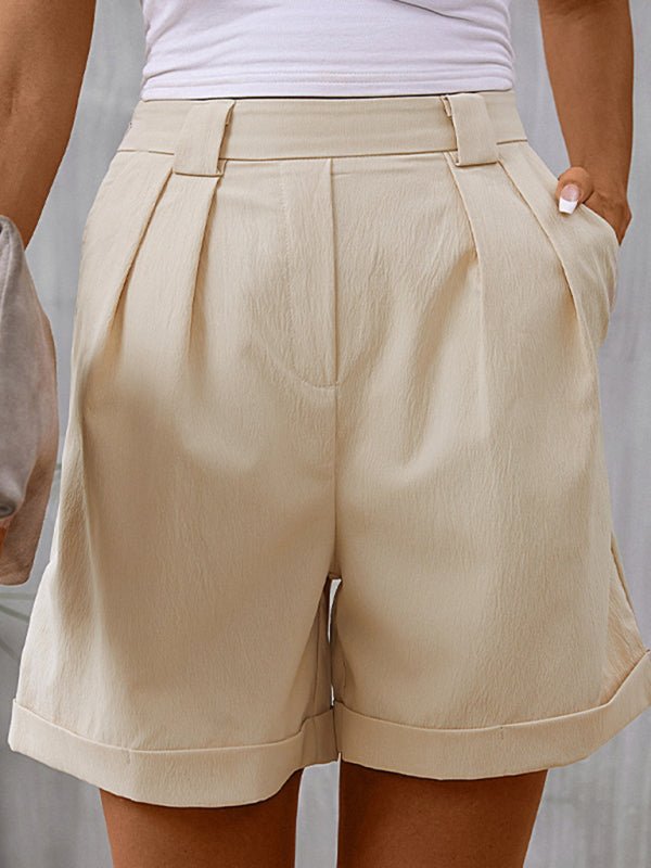 High Waist Mid-Length Pleated Shorts with Pockets in 2 Colors
