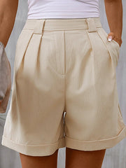 High Waist Mid-Length Pleated Shorts with Pockets in 2 Colors