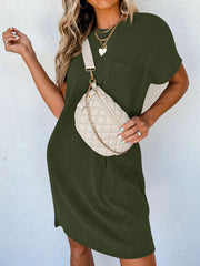 Short Sleeve Striped Midi Dress with Pocket