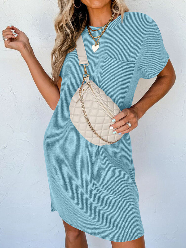 Short Sleeve Striped Midi Dress with Pocket
