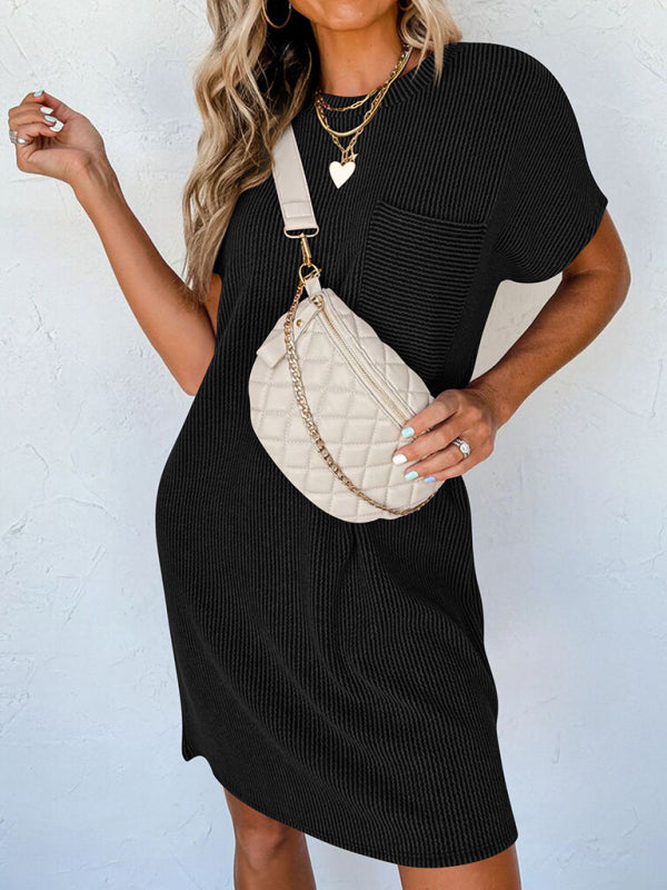 Short Sleeve Striped Midi Dress with Pocket