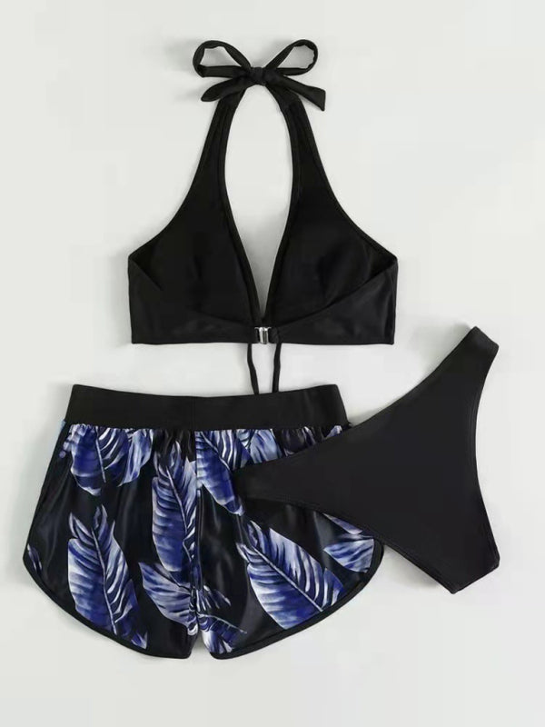Tropical Print Halter Neck Bikini Three Piece Set