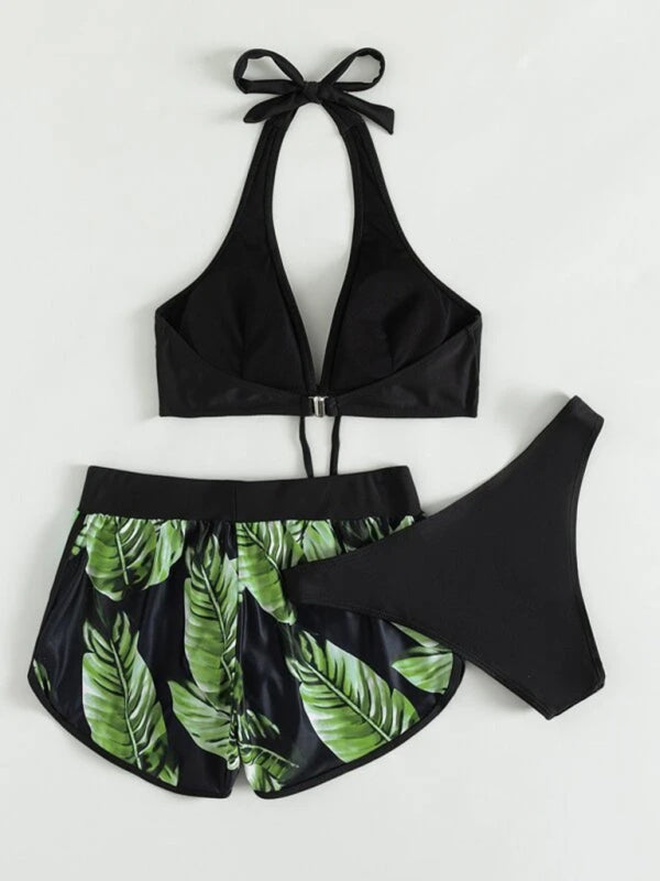 Tropical Print Halter Neck Bikini Three Piece Set