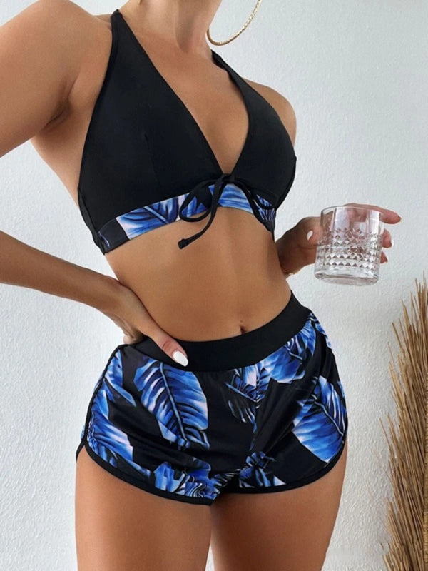 Tropical Print Halter Neck Bikini Three Piece Set