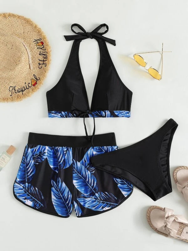Tropical Print Halter Neck Bikini Three Piece Set