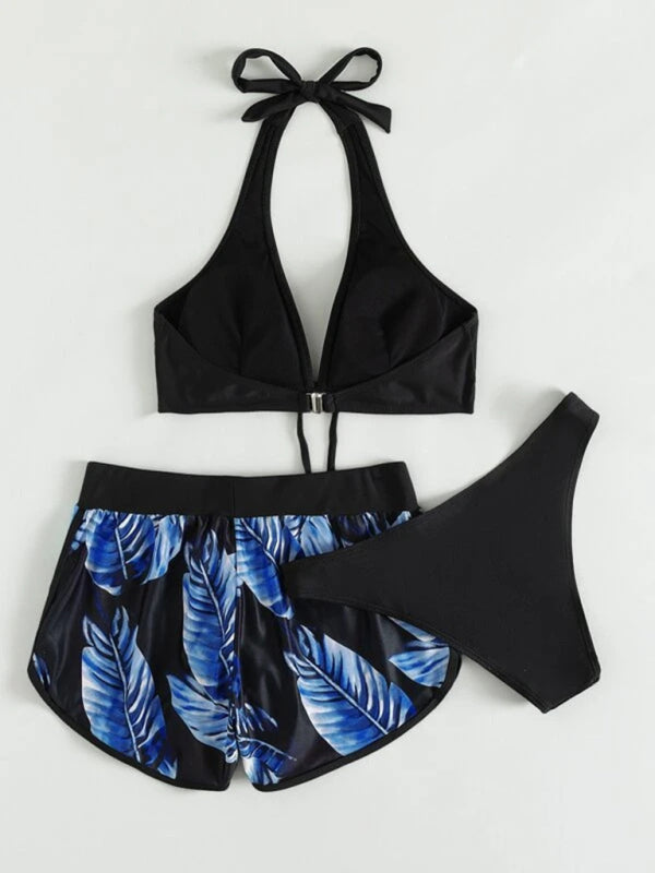 Tropical Print Halter Neck Bikini Three Piece Set
