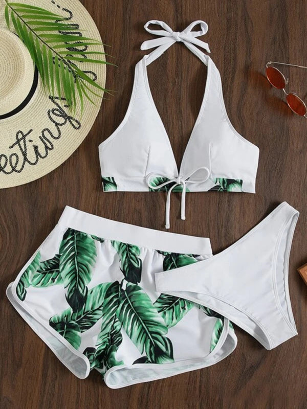 Tropical Print Halter Neck Bikini Three Piece Set