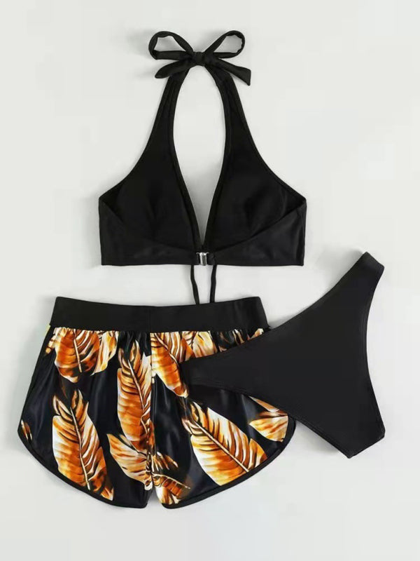 Tropical Print Halter Neck Bikini Three Piece Set