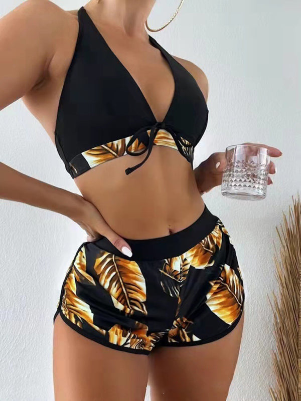Tropical Print Halter Neck Bikini Three Piece Set