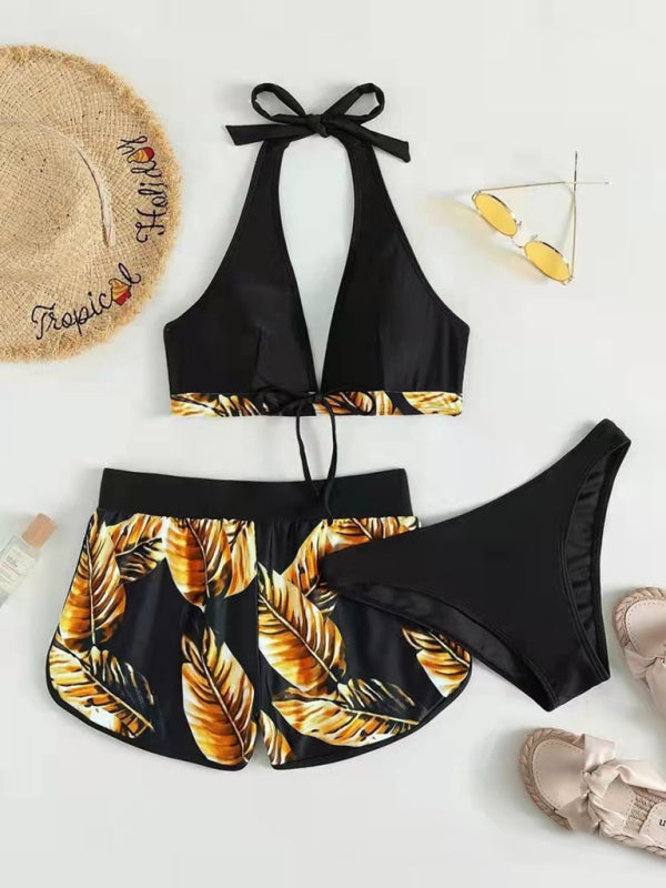 Tropical Print Halter Neck Bikini Three Piece Set
