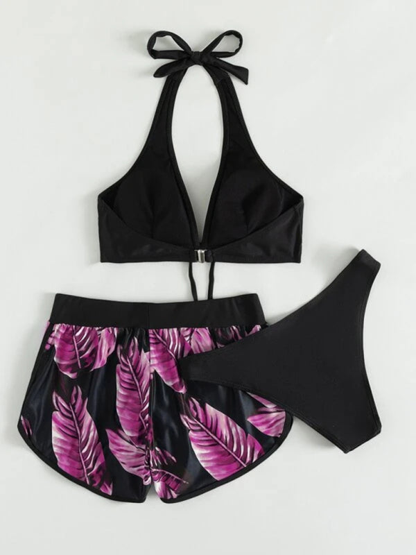 Tropical Print Halter Neck Bikini Three Piece Set