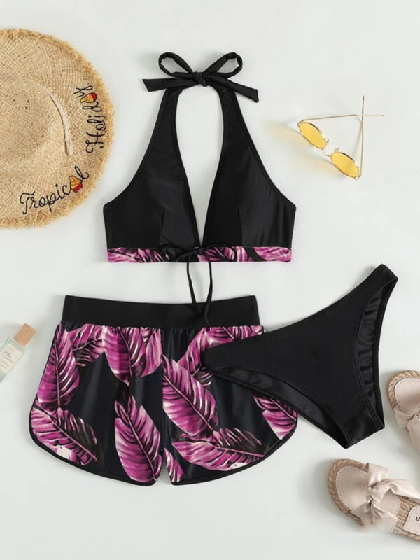 Tropical Print Halter Neck Bikini Three Piece Set