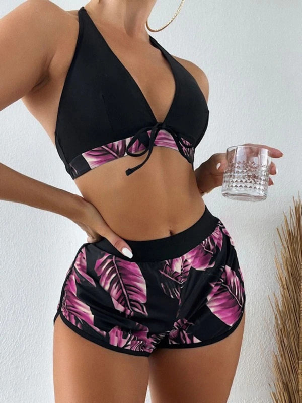Tropical Print Halter Neck Bikini Three Piece Set