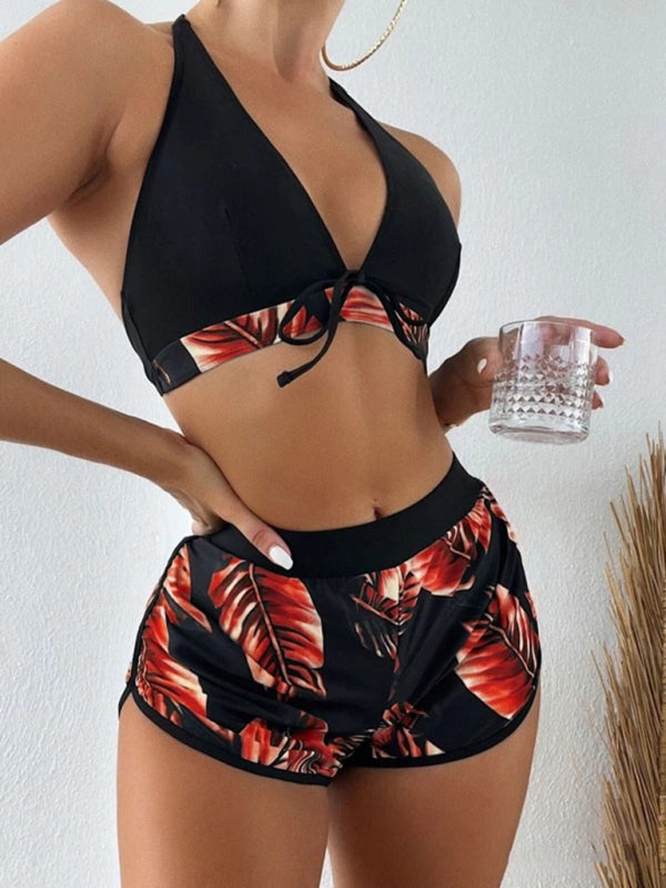 Tropical Print Halter Neck Bikini Three Piece Set