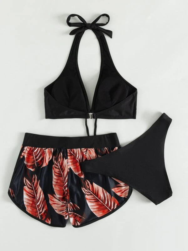 Tropical Print Halter Neck Bikini Three Piece Set