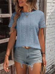 Eyelet Short Sleeve Top with Lace Trim