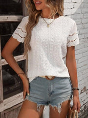Eyelet Short Sleeve Top with Lace Trim