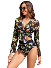 Tropical Print High Waist Bikini with Kimono Three-Piece Set