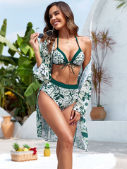 Tropical Print High Waist Bikini with Kimono Three-Piece Set