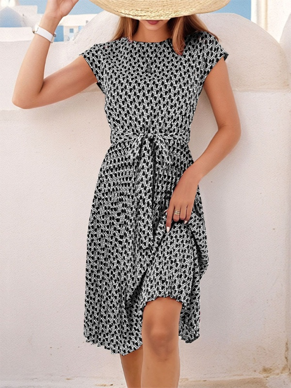 Short Sleeve Patterned Midi Dress with Waist Tie