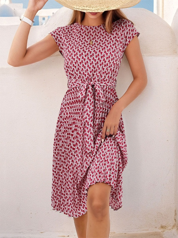 Short Sleeve Patterned Midi Dress with Waist Tie