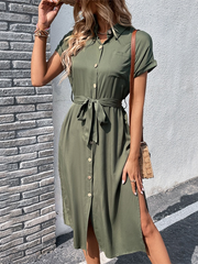 Button Short Sleeve Midi Dress with Waist Tie