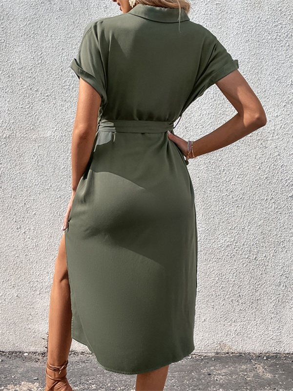 Button Short Sleeve Midi Dress with Waist Tie