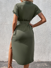 Button Short Sleeve Midi Dress with Waist Tie