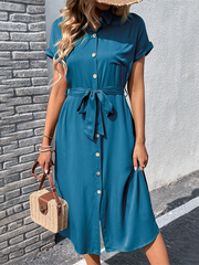 Button Short Sleeve Midi Dress with Waist Tie
