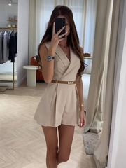 Sleeveless V-Neck Pleated Romper with Lapel