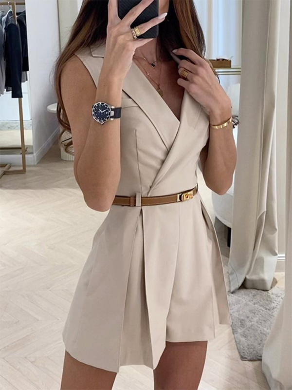 Sleeveless V-Neck Pleated Romper with Lapel