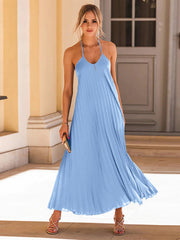 Elegant Open Back Sleeveless Pleated Maxi Dress