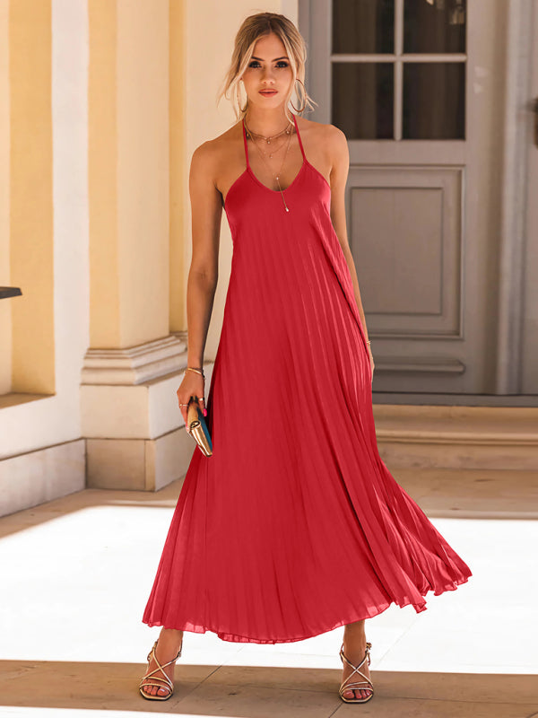 Elegant Open Back Sleeveless Pleated Maxi Dress